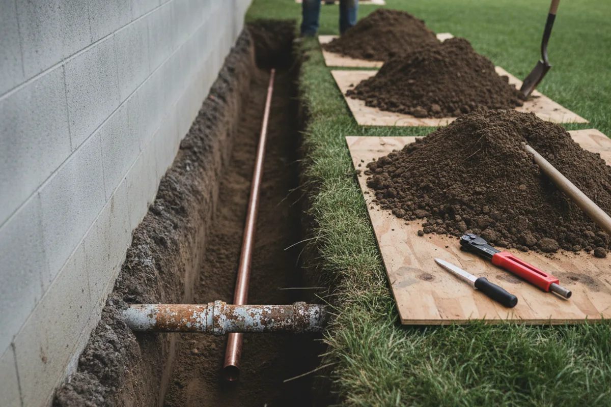Excavated water line trench during Water Softener Installation in Ellsworth
